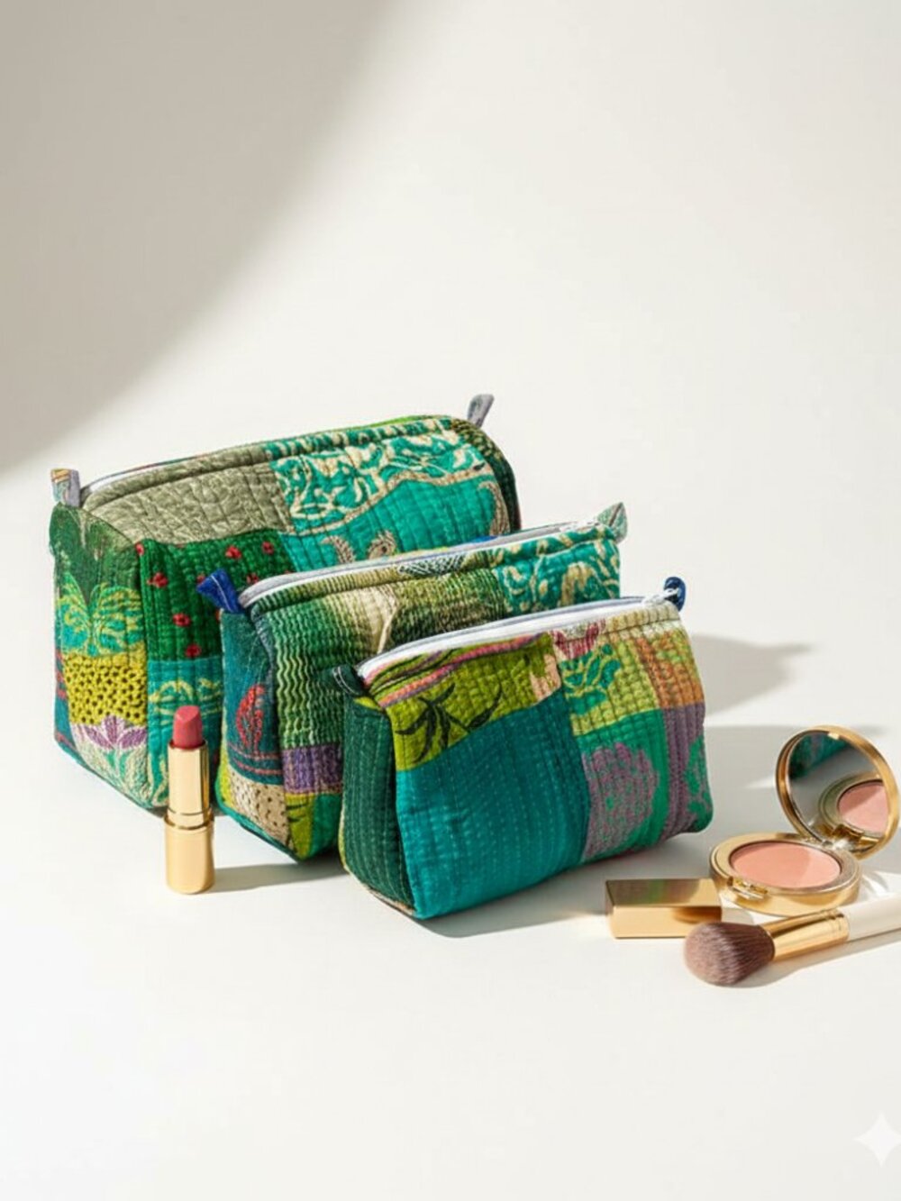 Set Of 3 Block Print Toiletry Bags, Cotton Makeup Bag, Cosmetic Bag Set Gift